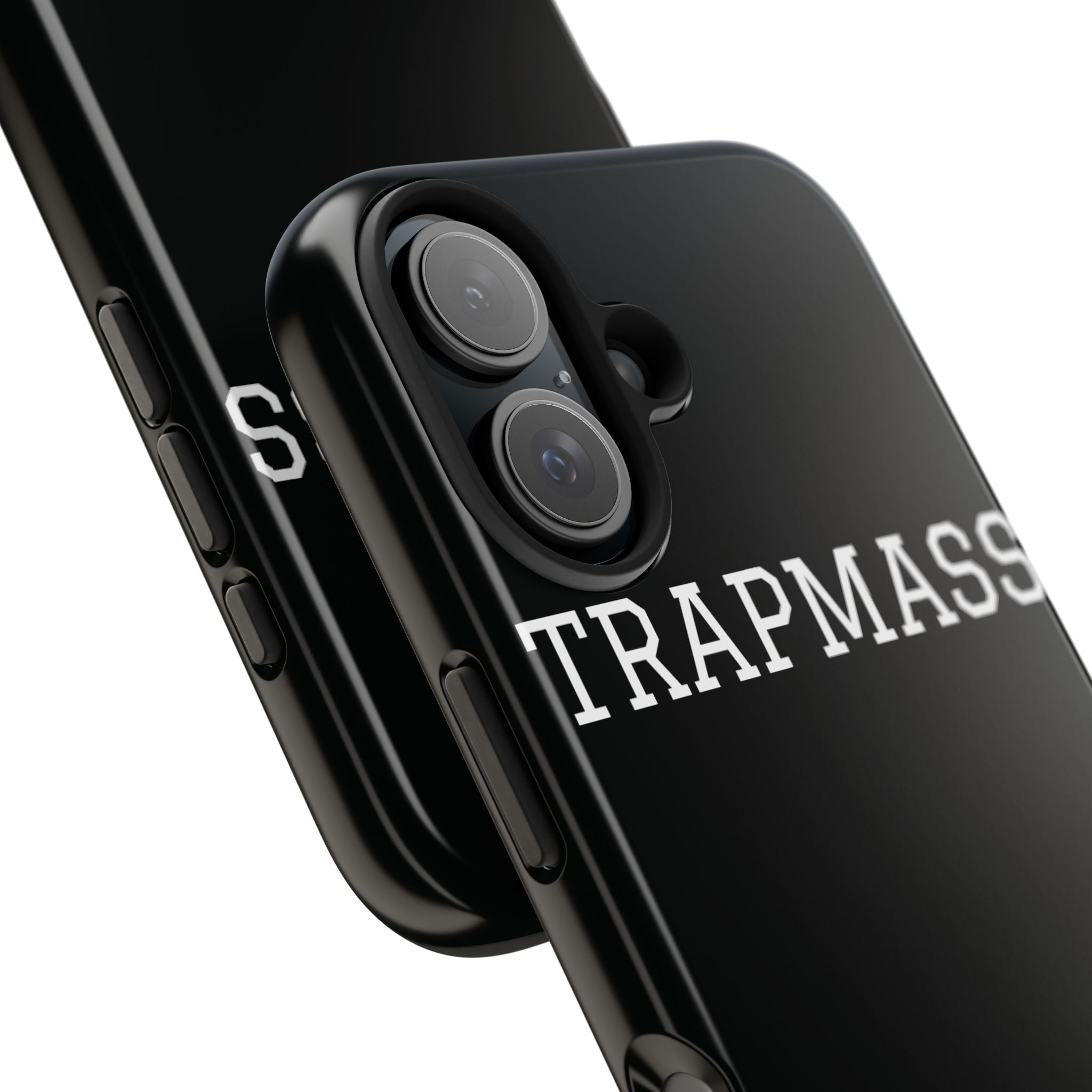 TRAPMASS Bold Text Tough Phone Case — Durable Black Protective Cover for Hip Hop Fans