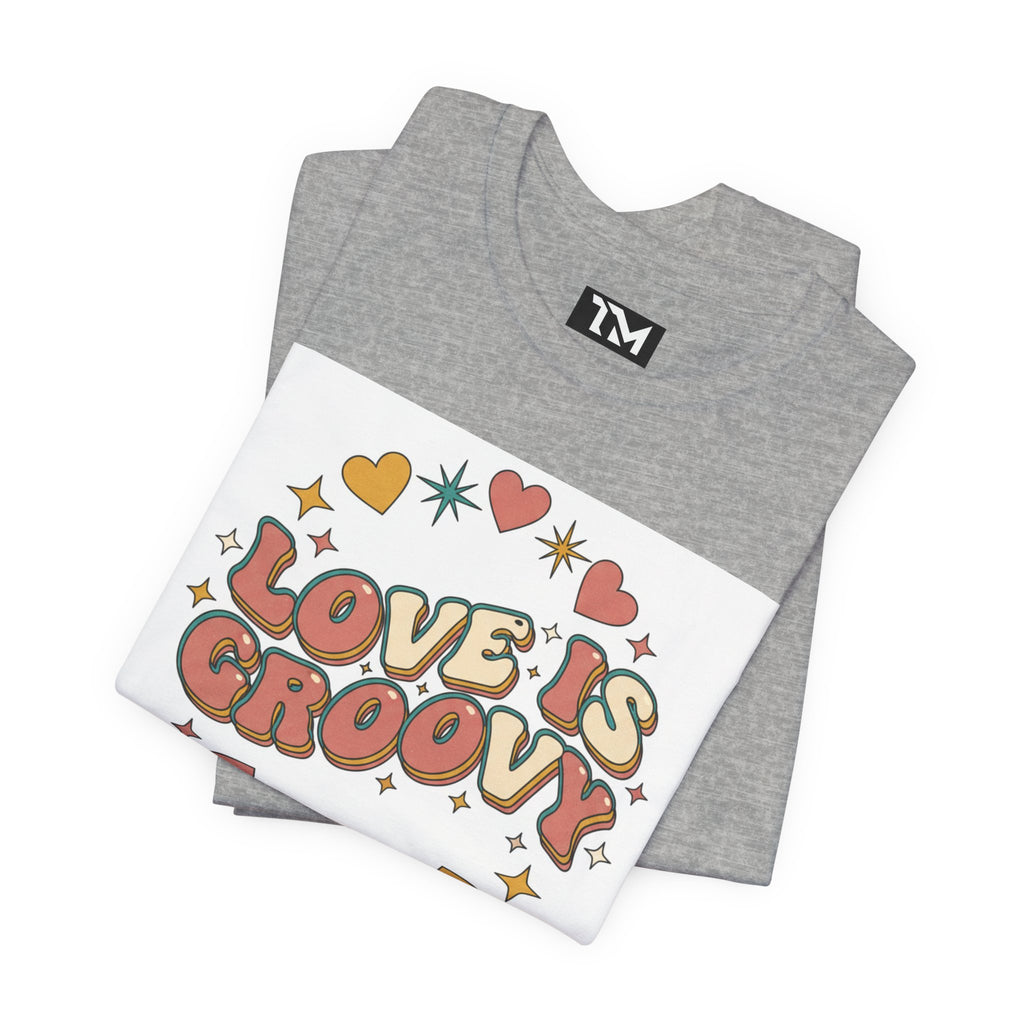Love Is Groovy T-Shirt | Retro Valentine 70s Bubble Font, Dusty Rose Teal