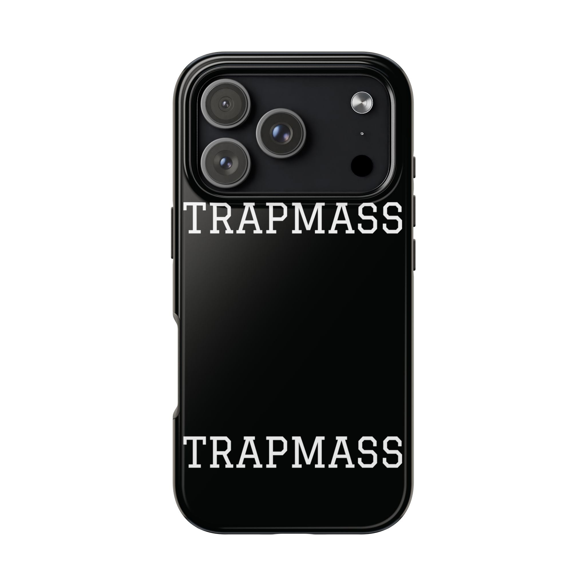 TRAPMASS Bold Text Tough Phone Case — Durable Black Protective Cover for Hip Hop Fans