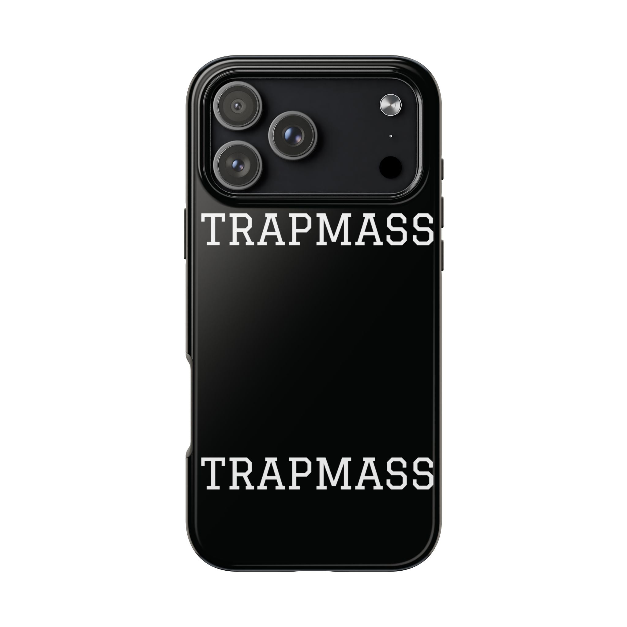 TRAPMASS Bold Text Tough Phone Case — Durable Black Protective Cover for Hip Hop Fans