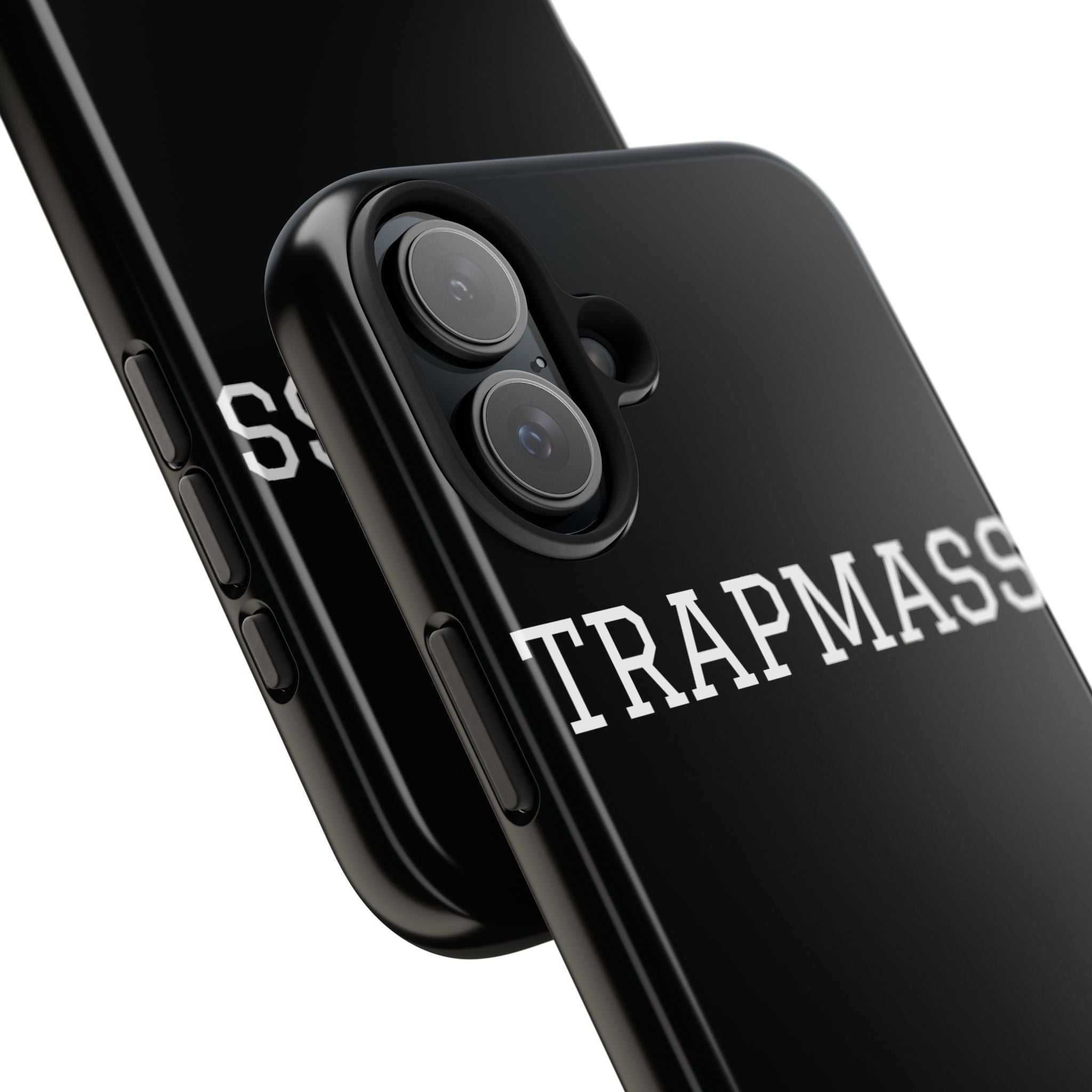 TRAPMASS Bold Text Tough Phone Case — Durable Black Protective Cover for Hip Hop Fans