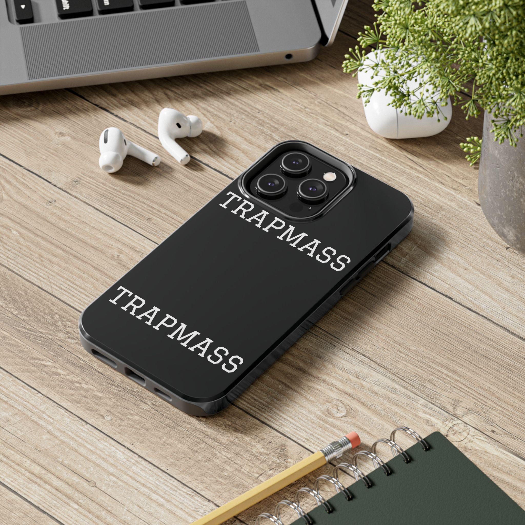 TRAPMASS Bold Text Tough Phone Case — Durable Black Protective Cover for Hip Hop Fans