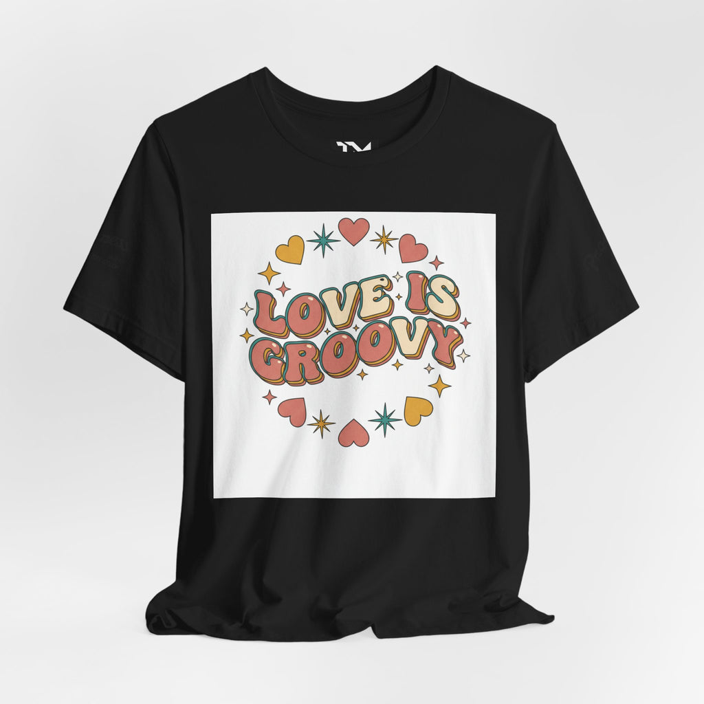 Love Is Groovy T-Shirt | Retro Valentine 70s Bubble Font, Dusty Rose Teal