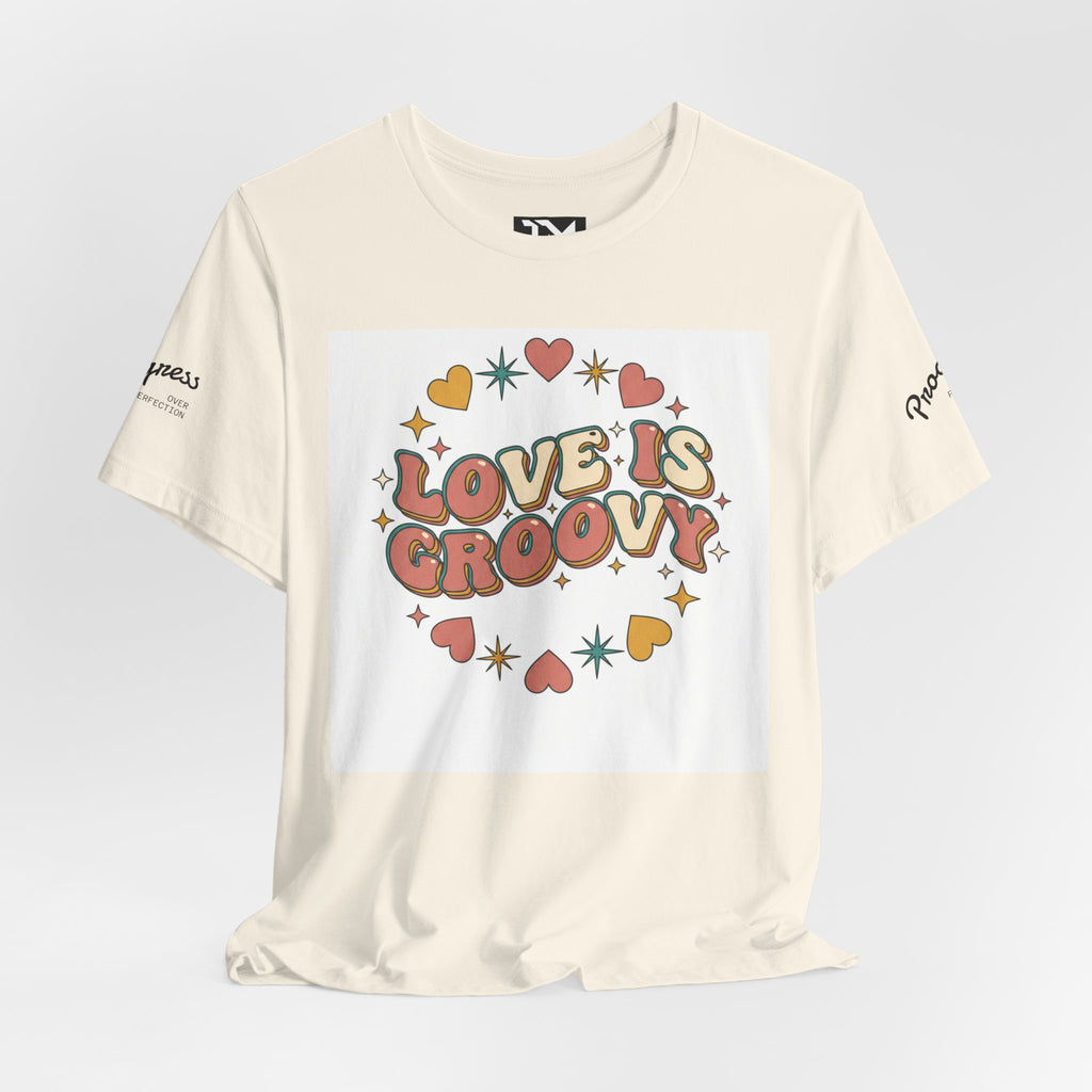 Love Is Groovy T-Shirt | Retro Valentine 70s Bubble Font, Dusty Rose Teal