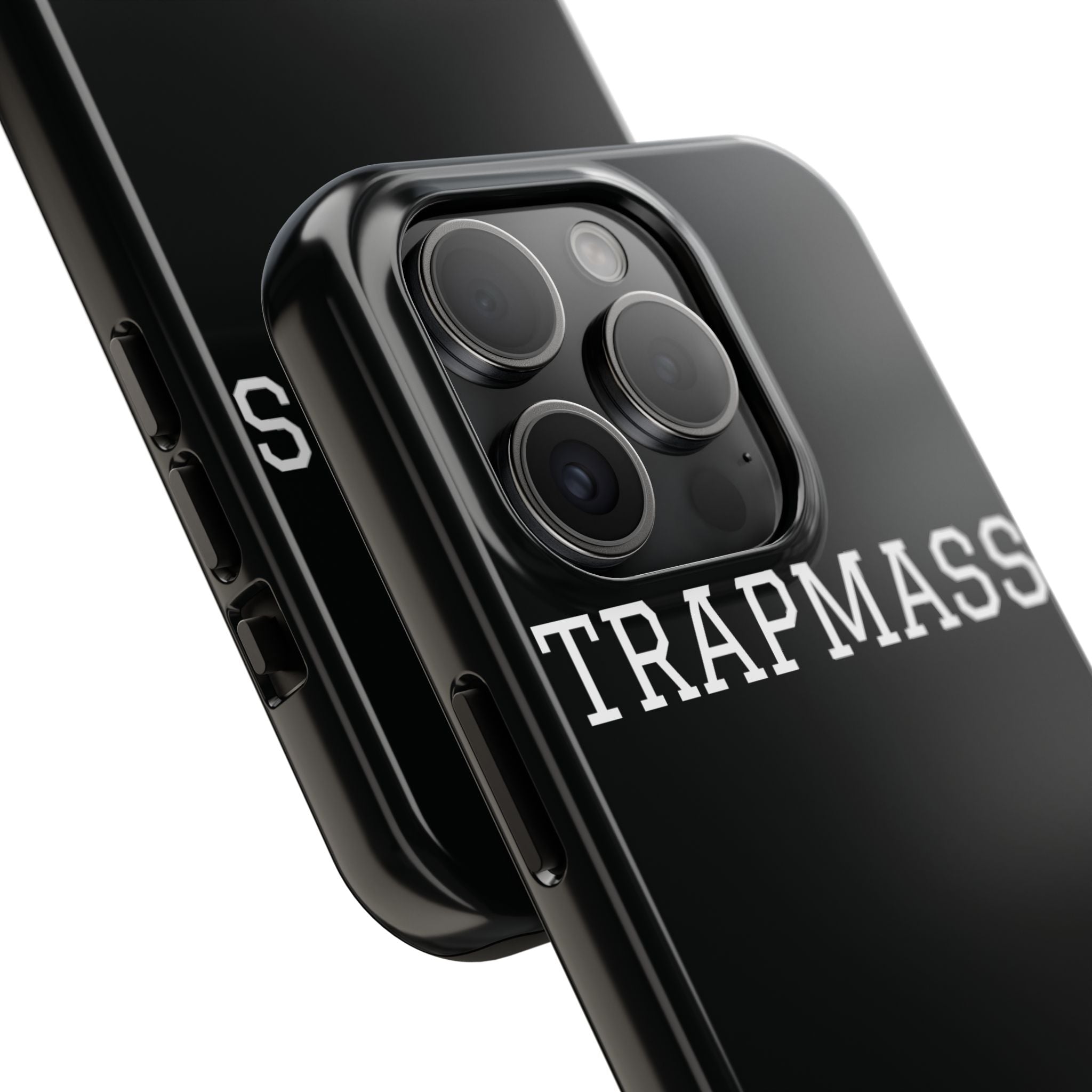 TRAPMASS Bold Text Tough Phone Case — Durable Black Protective Cover for Hip Hop Fans