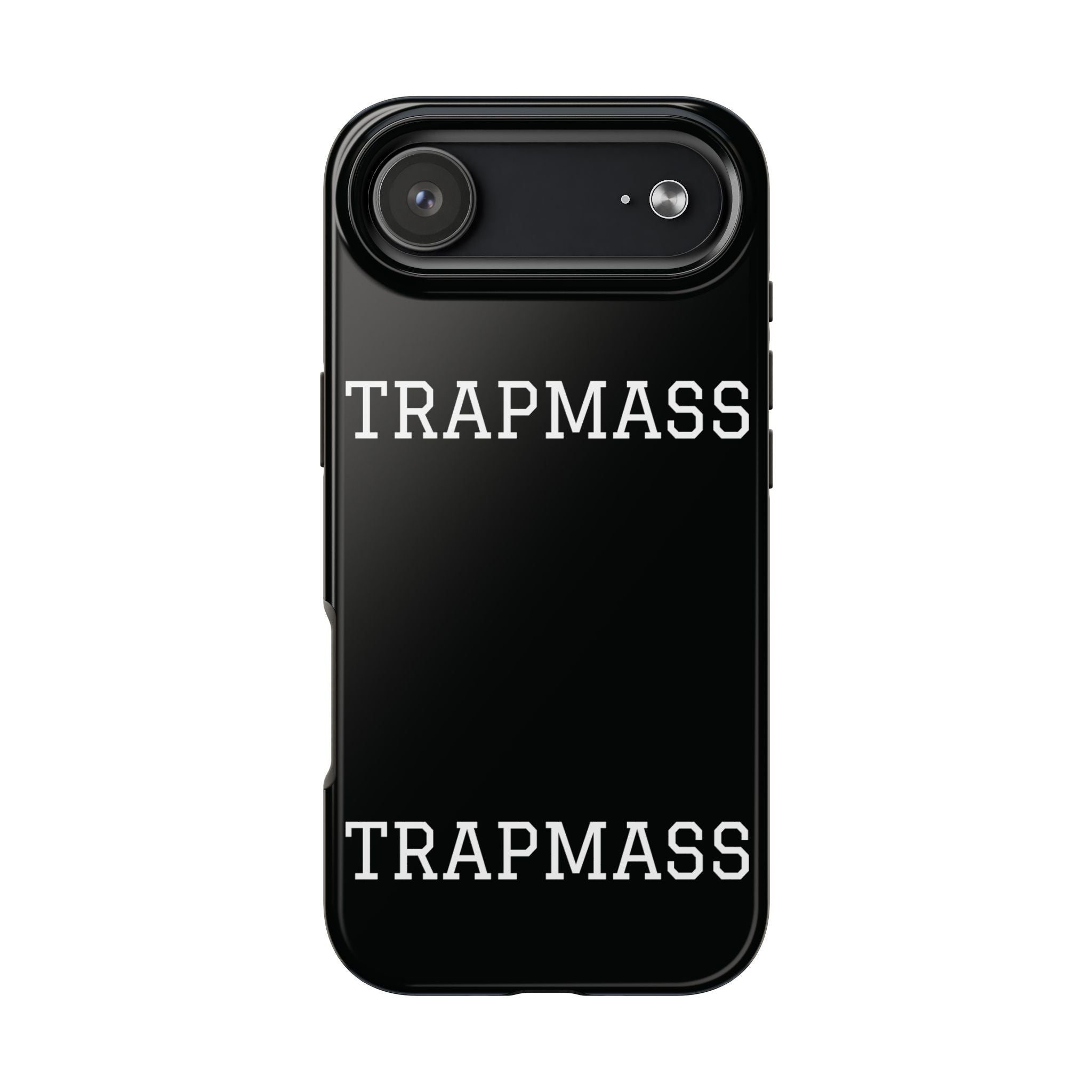 TRAPMASS Bold Text Tough Phone Case — Durable Black Protective Cover for Hip Hop Fans