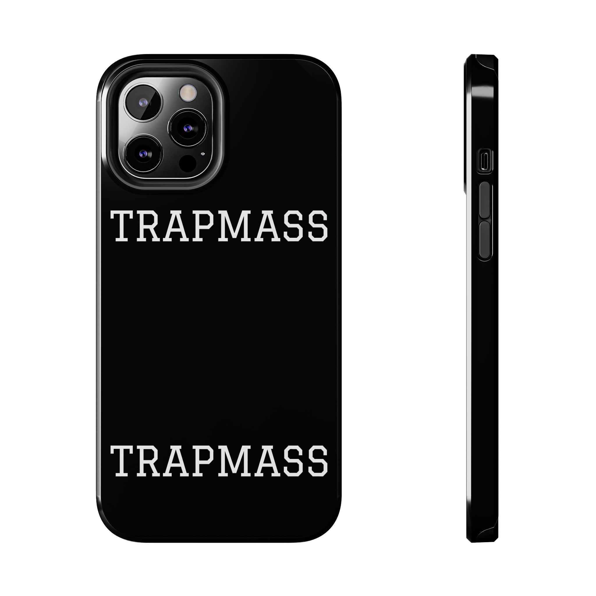TRAPMASS Bold Text Tough Phone Case — Durable Black Protective Cover for Hip Hop Fans