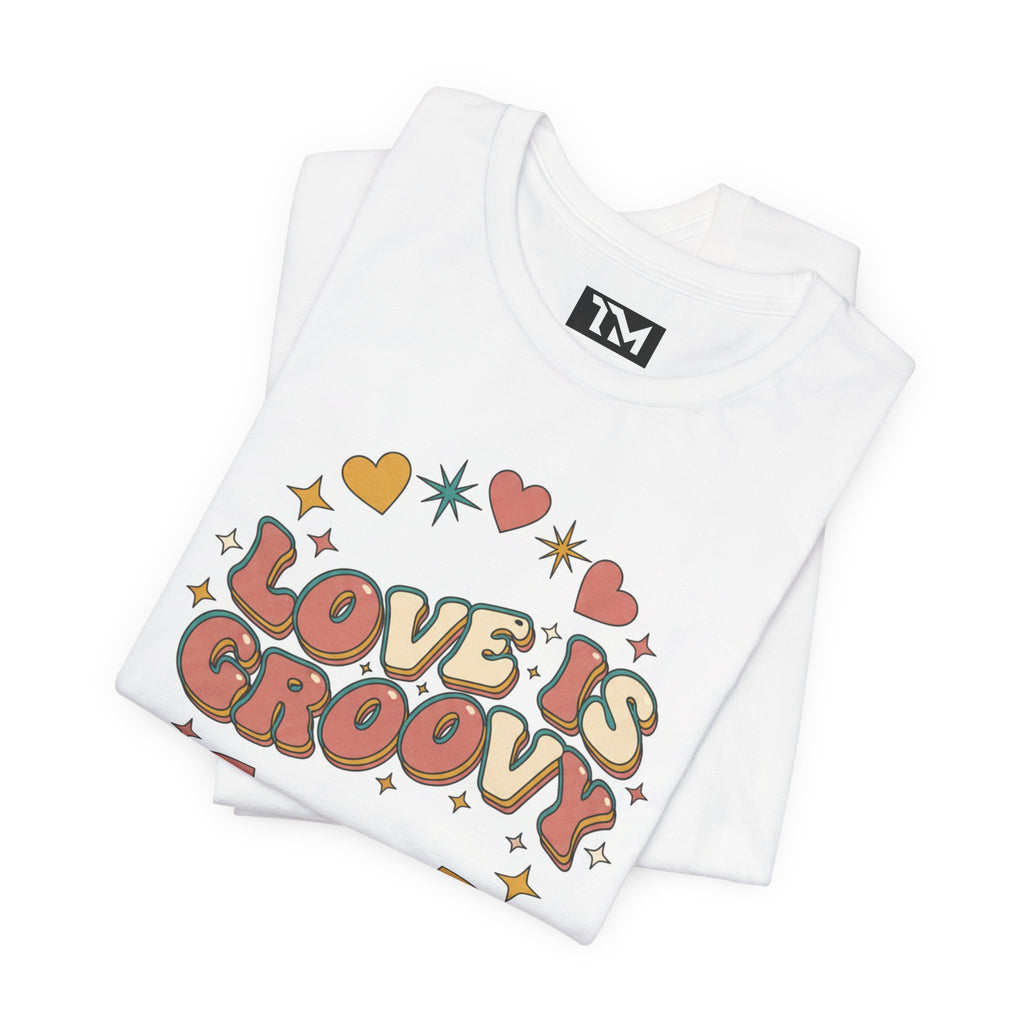 Love Is Groovy T-Shirt | Retro Valentine 70s Bubble Font, Dusty Rose Teal