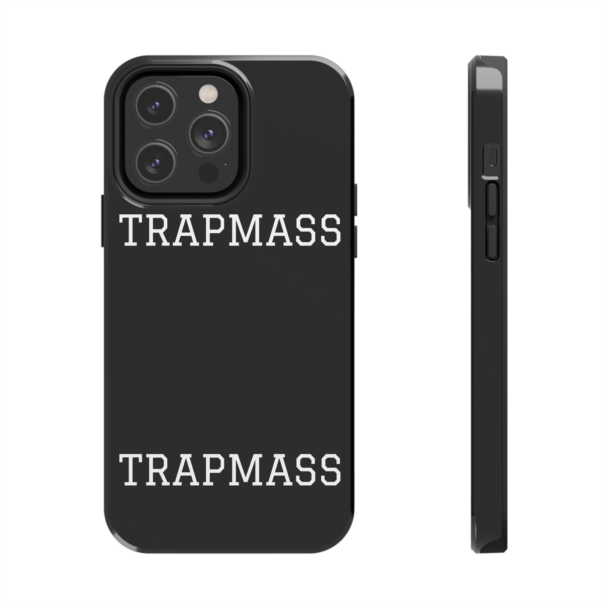 TRAPMASS Bold Text Tough Phone Case — Durable Black Protective Cover for Hip Hop Fans