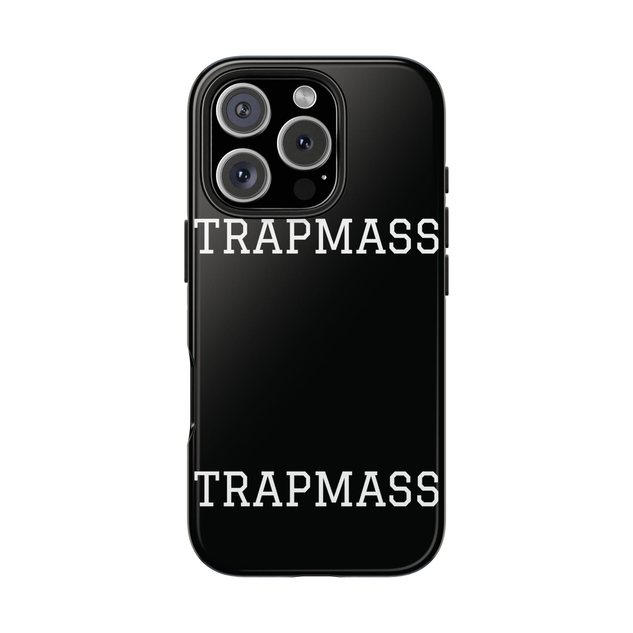 TRAPMASS Bold Text Tough Phone Case — Durable Black Protective Cover for Hip Hop Fans