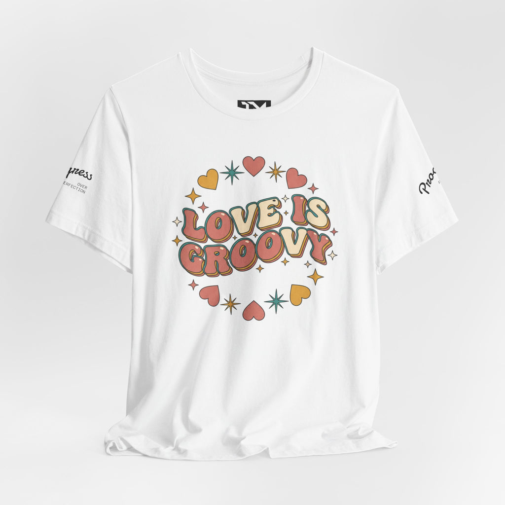 Love Is Groovy T-Shirt | Retro Valentine 70s Bubble Font, Dusty Rose Teal