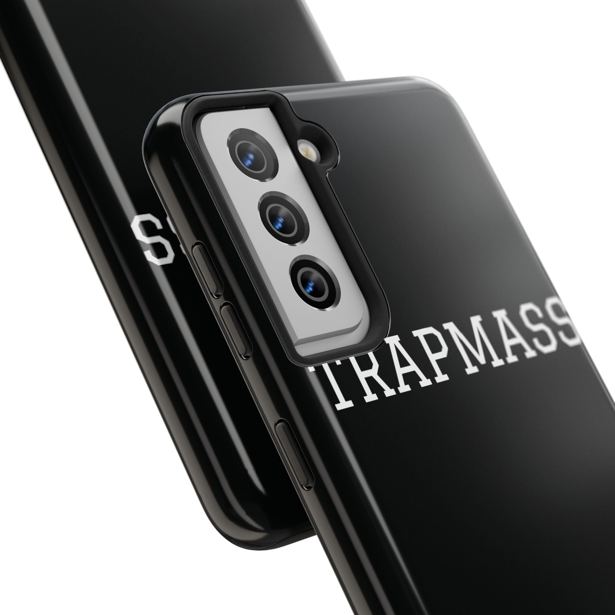 TRAPMASS Bold Text Tough Phone Case — Durable Black Protective Cover for Hip Hop Fans