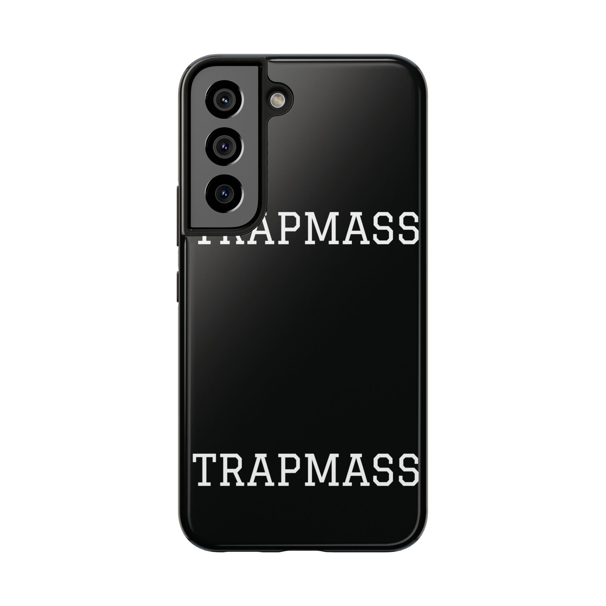 TRAPMASS Bold Text Tough Phone Case — Durable Black Protective Cover for Hip Hop Fans