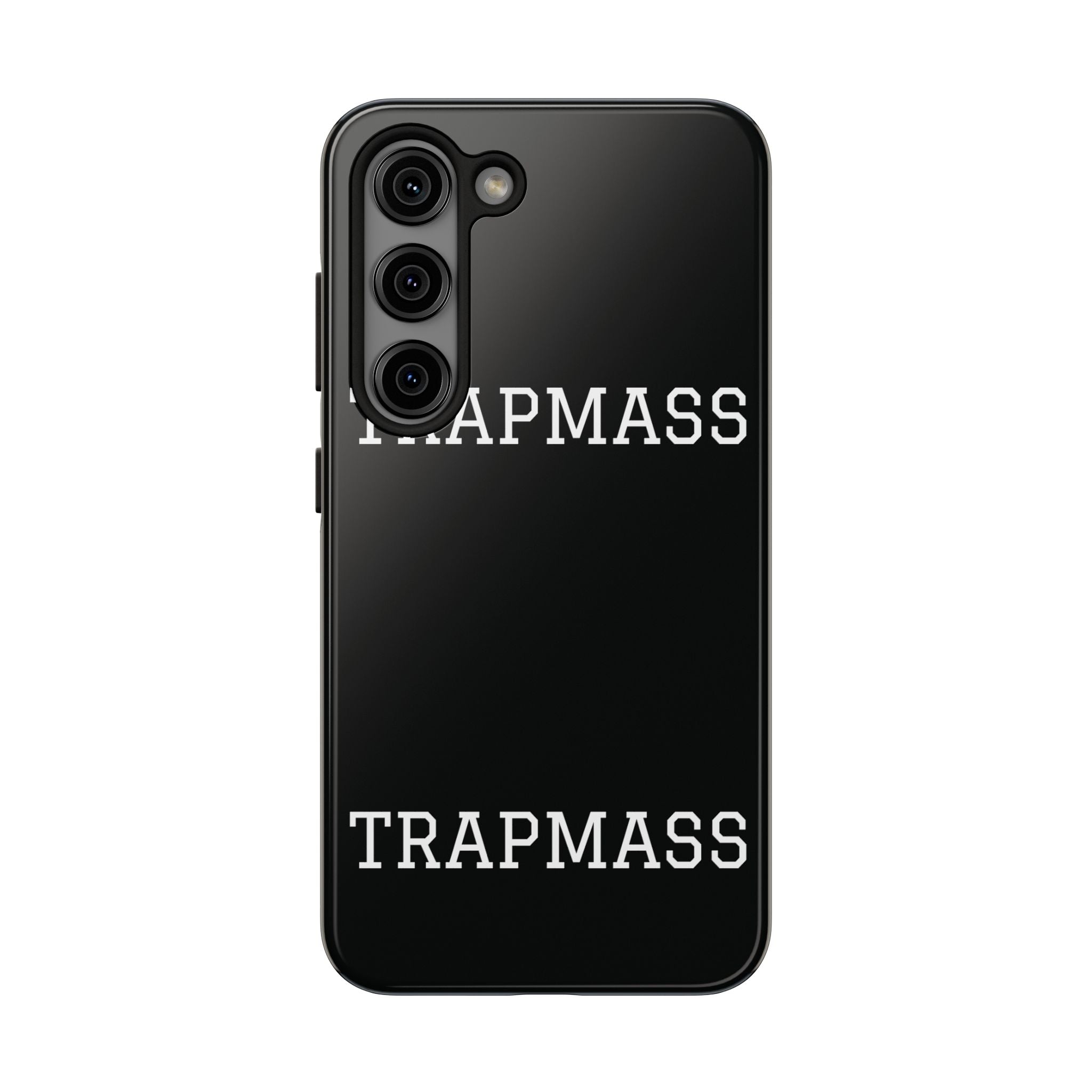 TRAPMASS Bold Text Tough Phone Case — Durable Black Protective Cover for Hip Hop Fans