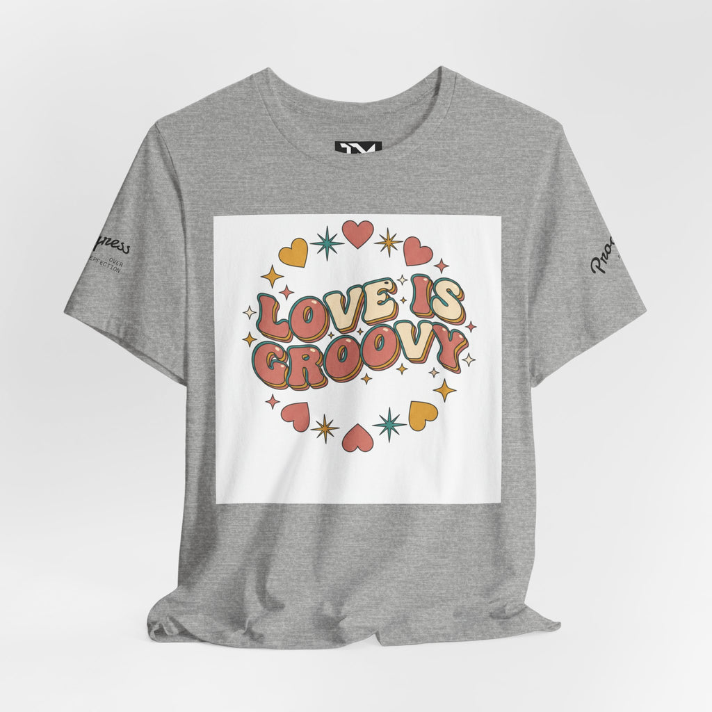 Love Is Groovy T-Shirt | Retro Valentine 70s Bubble Font, Dusty Rose Teal