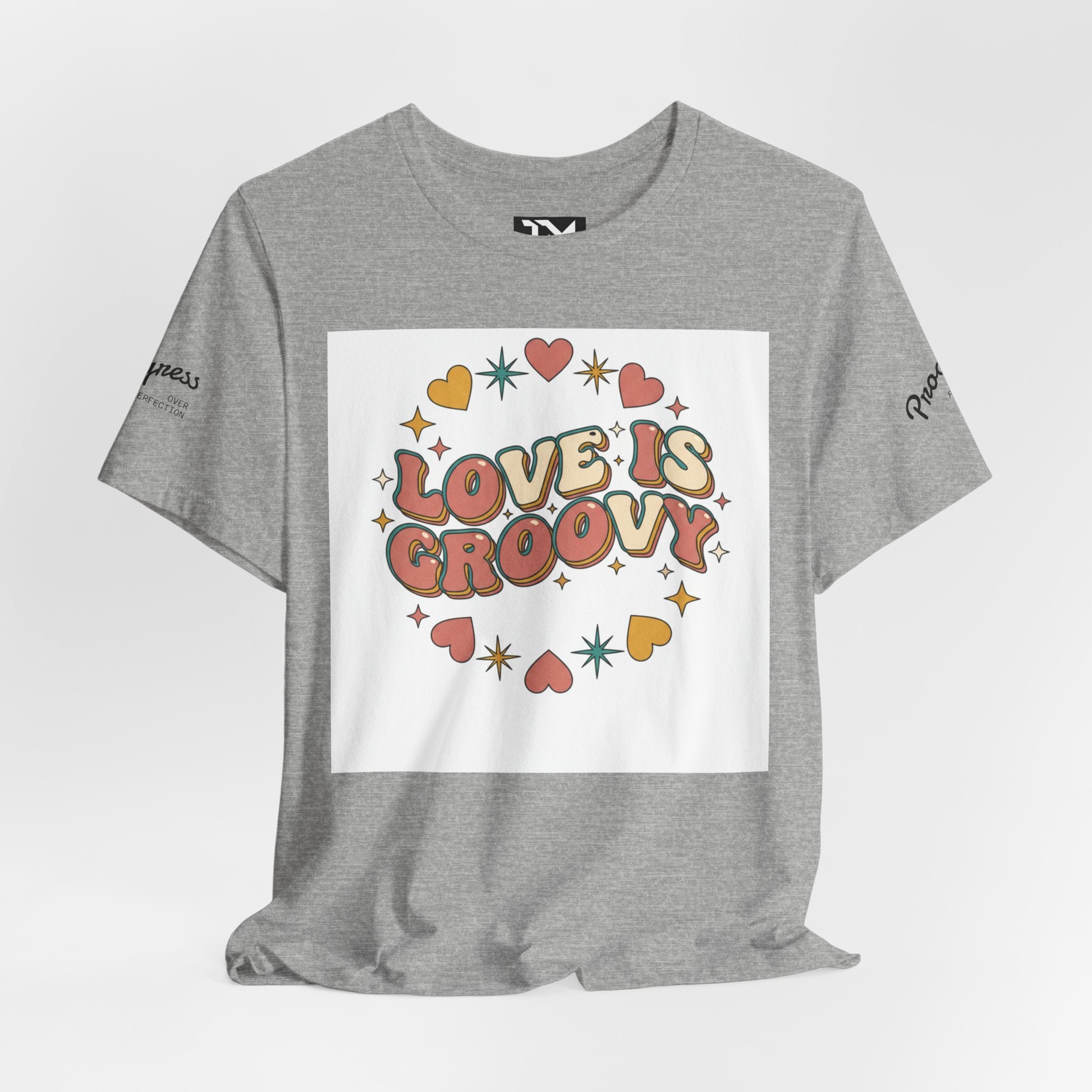 Love Is Groovy T-Shirt | Retro Valentine 70s Bubble Font, Dusty Rose Teal