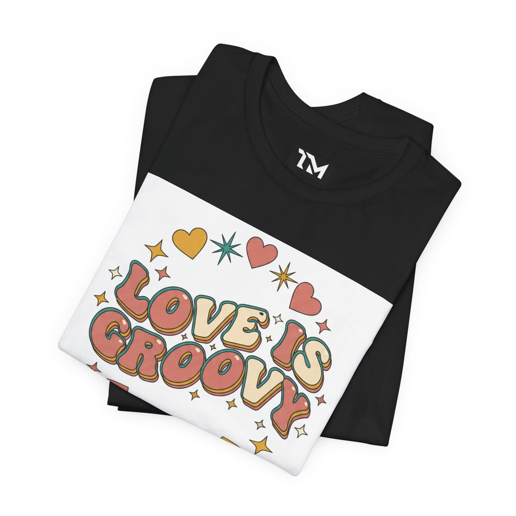 Love Is Groovy T-Shirt | Retro Valentine 70s Bubble Font, Dusty Rose Teal