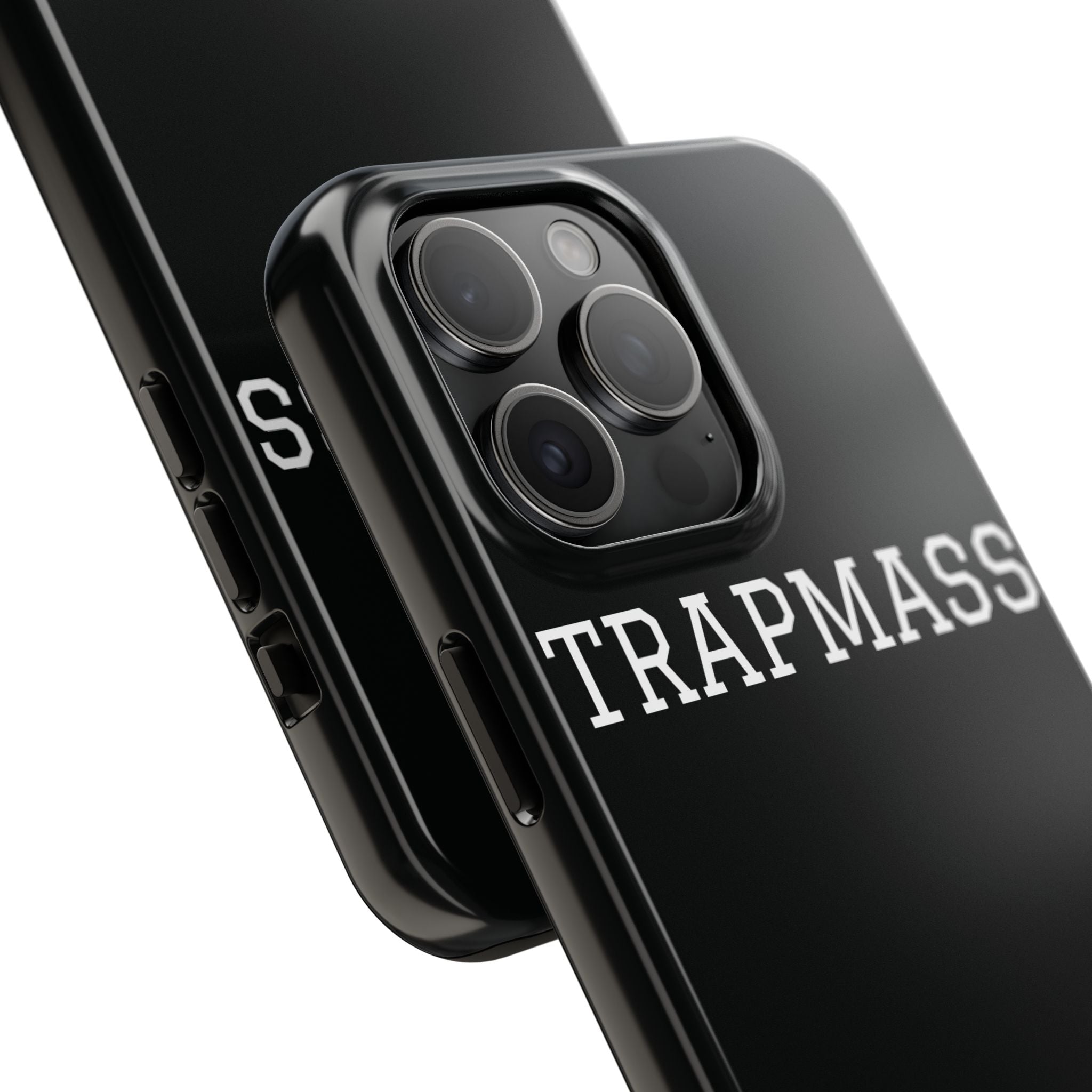 TRAPMASS Bold Text Tough Phone Case — Durable Black Protective Cover for Hip Hop Fans