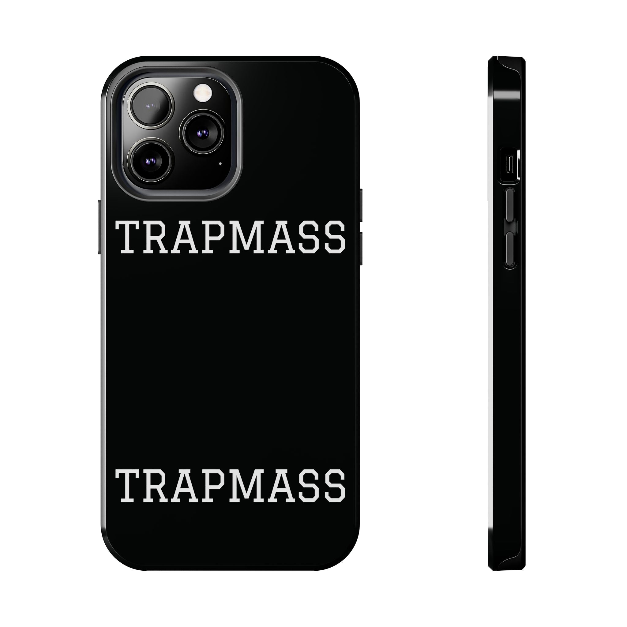 TRAPMASS Bold Text Tough Phone Case — Durable Black Protective Cover for Hip Hop Fans