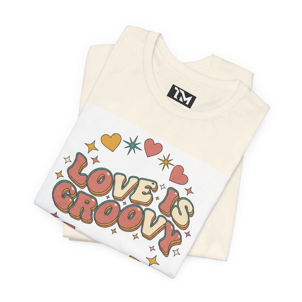 Love Is Groovy T-Shirt | Retro Valentine 70s Bubble Font, Dusty Rose Teal