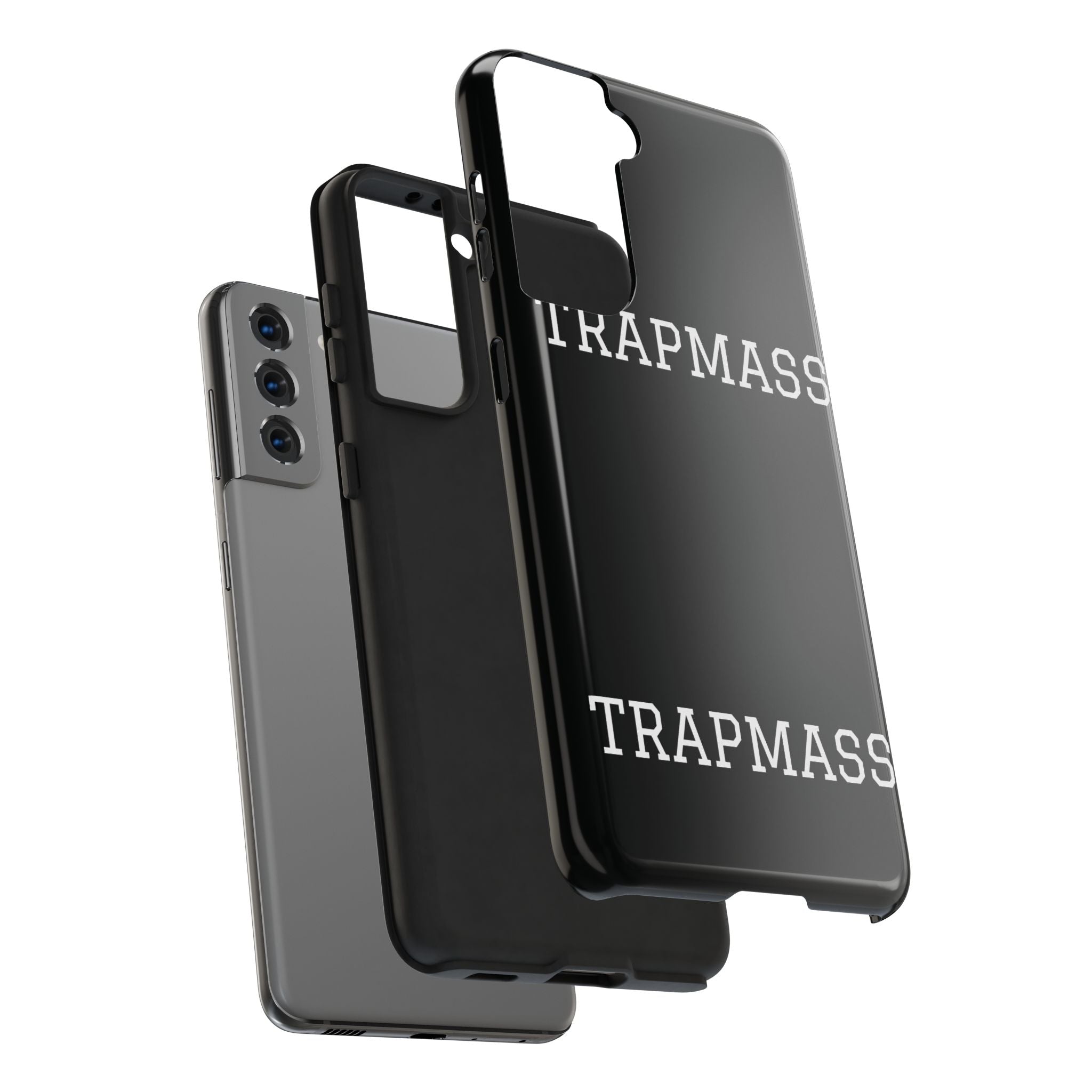 TRAPMASS Bold Text Tough Phone Case — Durable Black Protective Cover for Hip Hop Fans