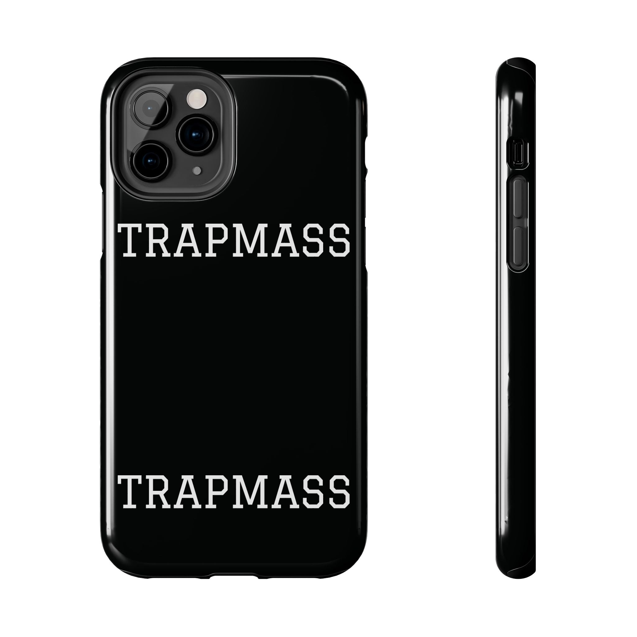 TRAPMASS Bold Text Tough Phone Case — Durable Black Protective Cover for Hip Hop Fans