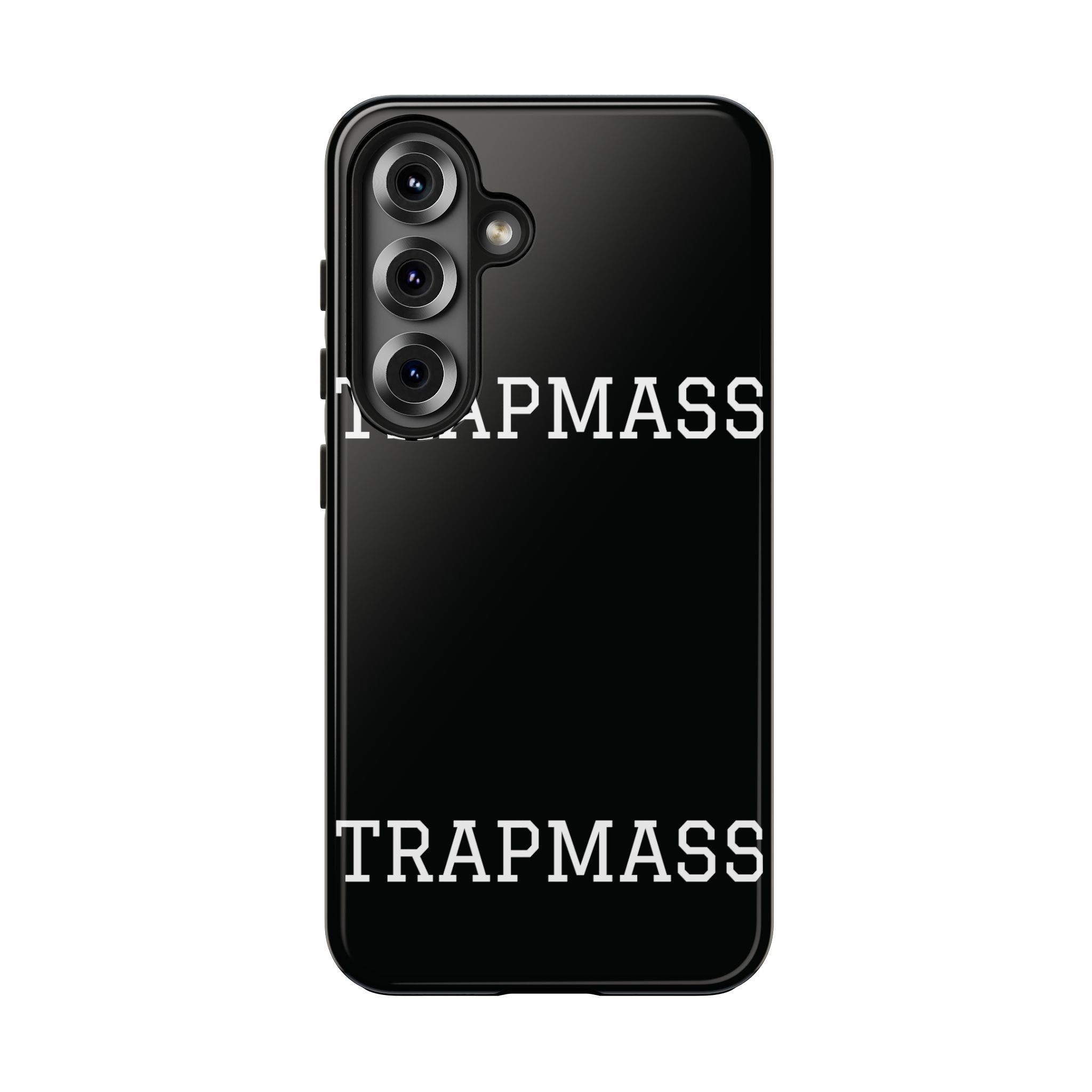 TRAPMASS Bold Text Tough Phone Case — Durable Black Protective Cover for Hip Hop Fans