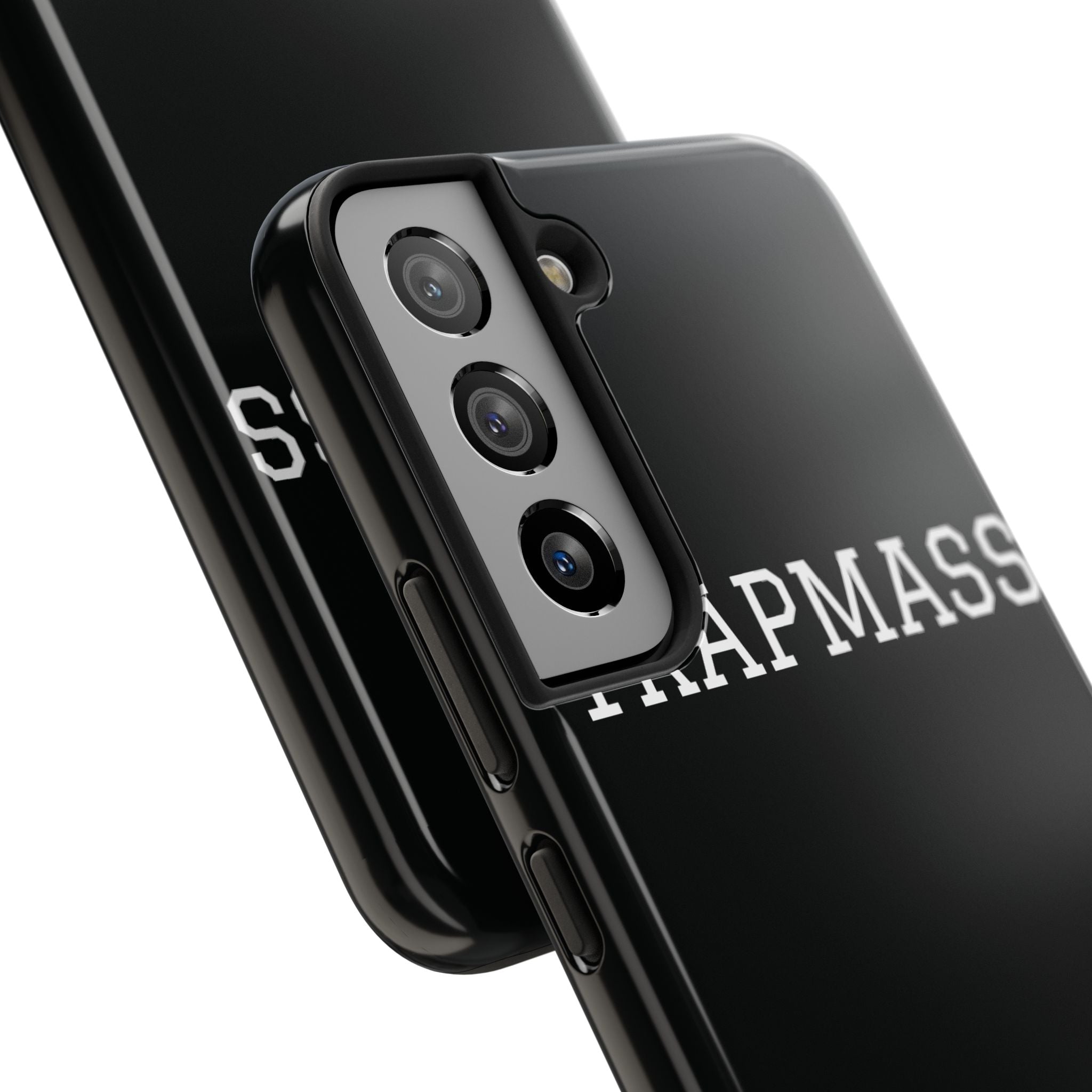 TRAPMASS Bold Text Tough Phone Case — Durable Black Protective Cover for Hip Hop Fans